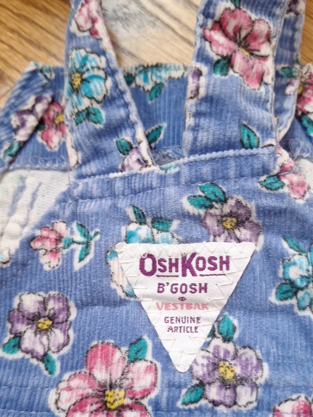 Vintage OshKosh B'gosh Blue Floral Corduroy Overalls Pink and Teal Flowers 12M